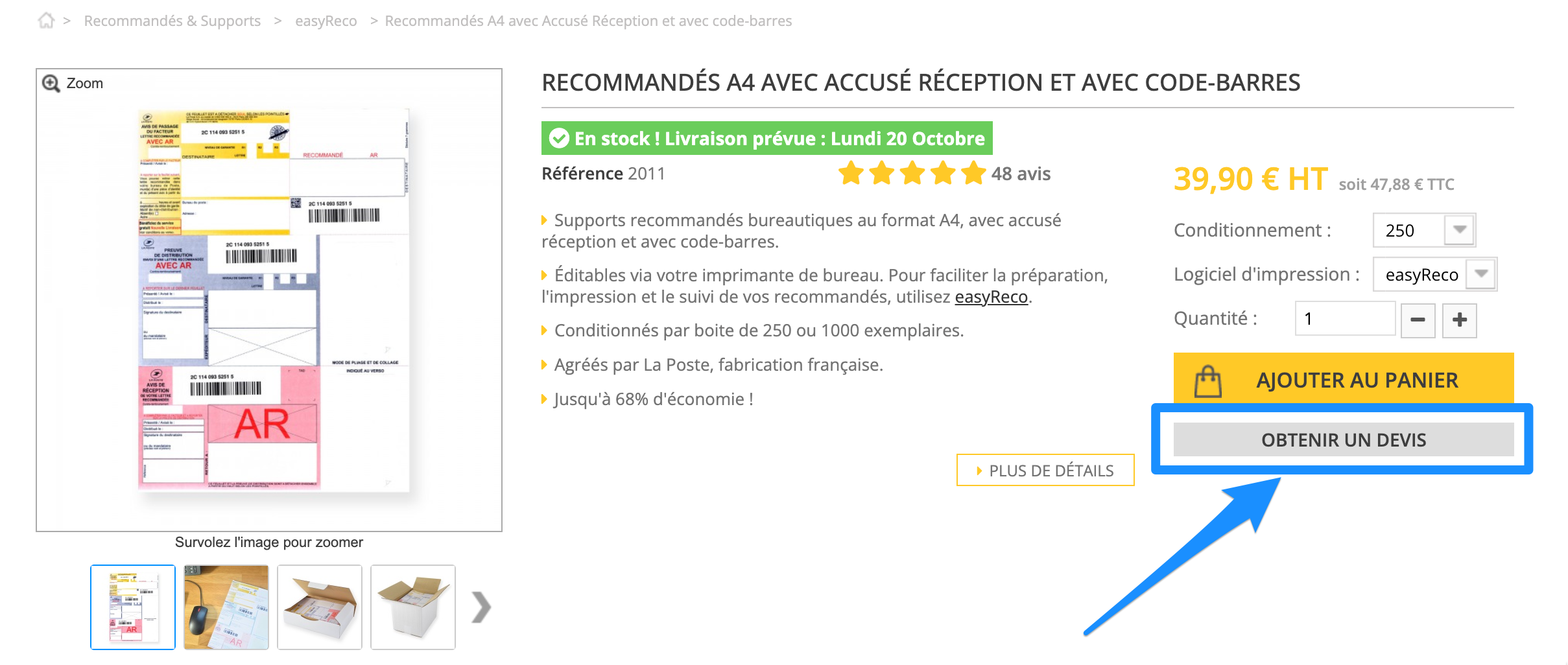 Bureaudeposte.net : bouton "Demande de devis"